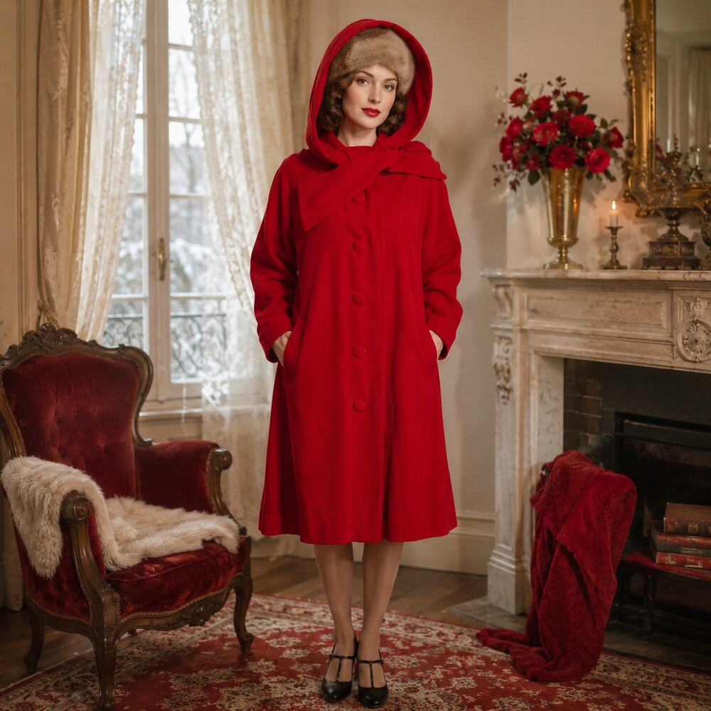 60s Vintage Snooty Fox Boston Cherry Red Hooded Velvet Overcoat - M